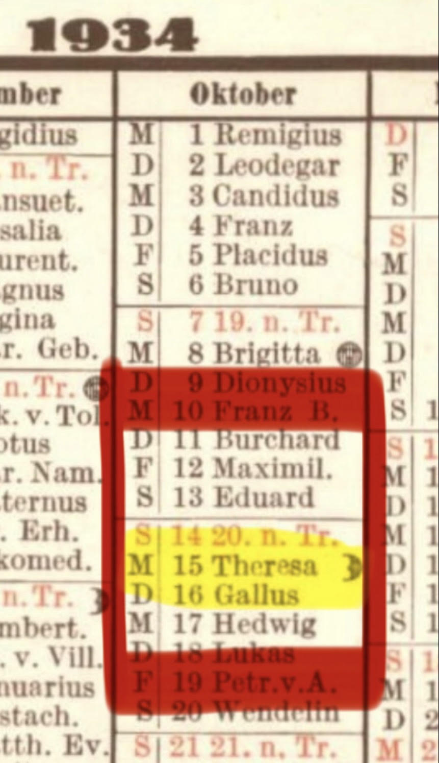 Kalender Oktober 1934 - Namenstage