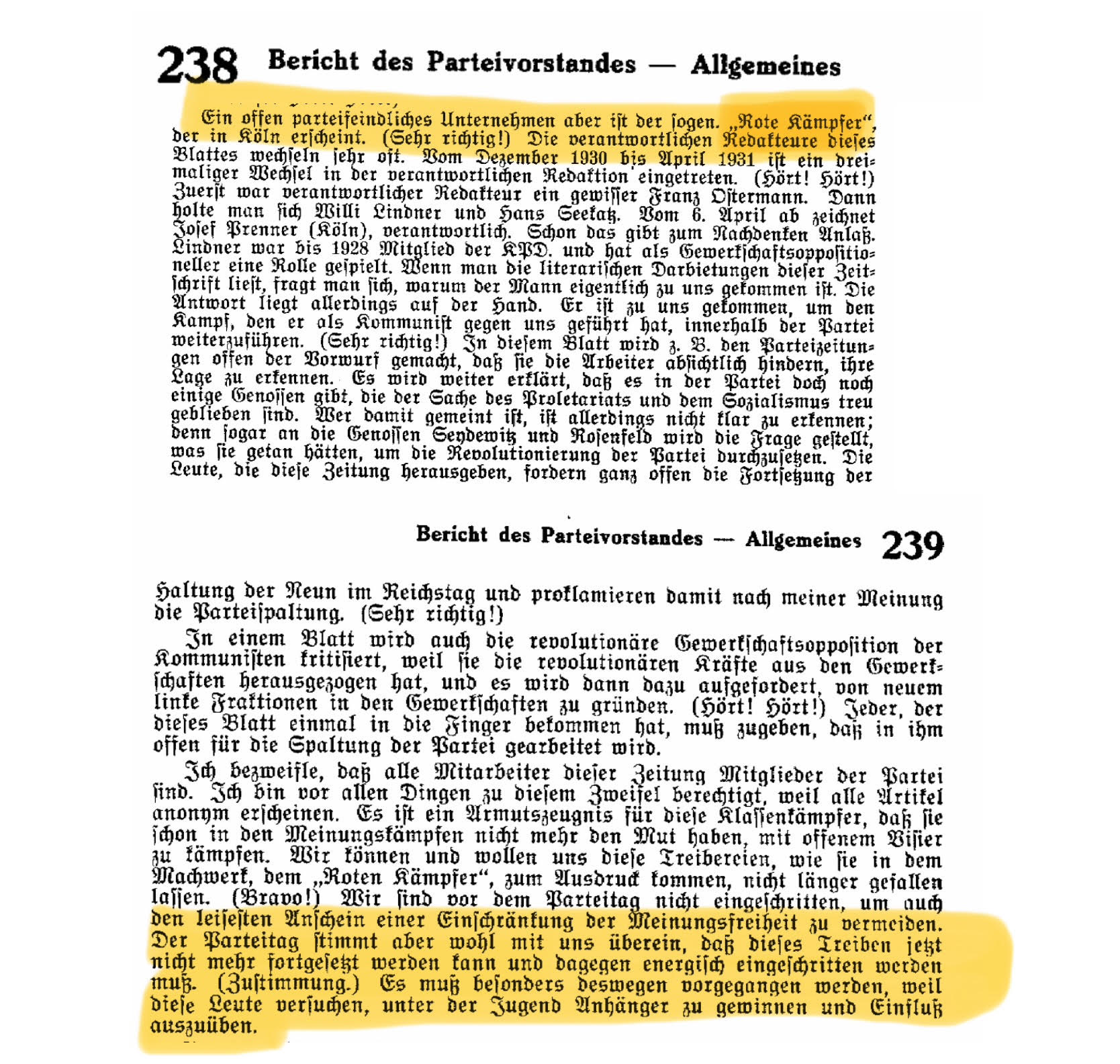 Ausschnitt aus dem Protokoll des SPD-Parteitags in Leipzig 1931 betreffend Der Rote Kämpfer